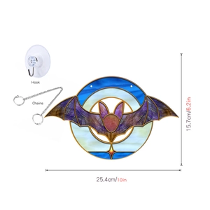 Detailed Halloween bat suncatcher dimensions with metal chain and suction cup hook