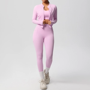 Three-piece pink yoga set with zip jacket, sports bra, and high-waisted pocket leggings