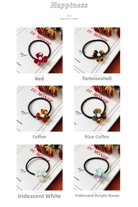 Detailed grid showing six colors of floral hair ties with faux pearl centers