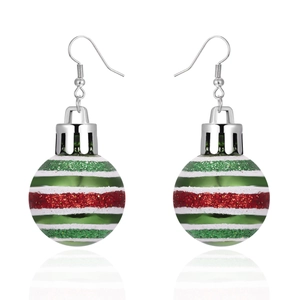 Detail of red green and white striped Christmas bulb earrings with glitter and silver hooks