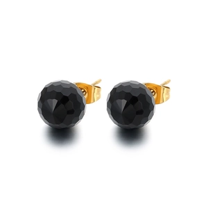 Fashionable 10mm black faceted crystal ball earrings with gold-plated titanium steel studs