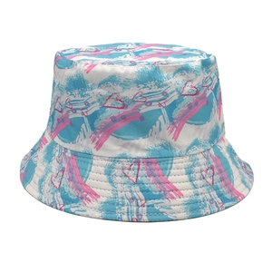 Close-up of graffiti heart print on reversible canvas bucket hat with sun protection