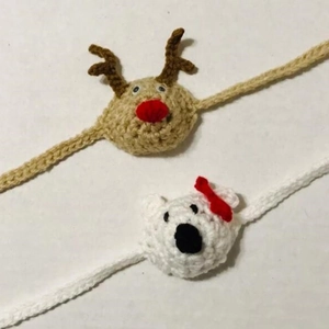 Handmade crochet animal nose warmers featuring reindeer and white bear patterns