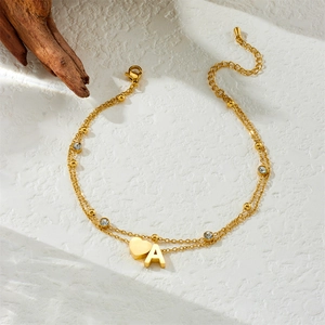 Golden double-layer stainless steel anklet with heart and letter A pendants