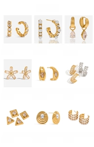 Collection of 18K gold-plated stainless steel earrings featuring cubic zirconia and pearls