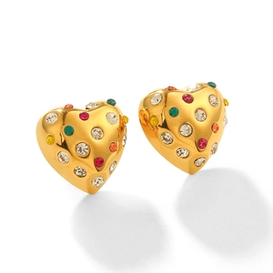 18K gold plated stainless steel chunky heart earrings with colorful rhinestones