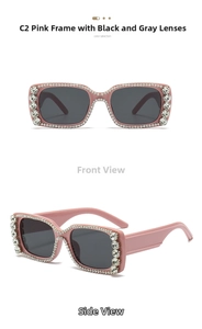Detail of pink square sunglasses with shimmering rhinestones and grey lenses