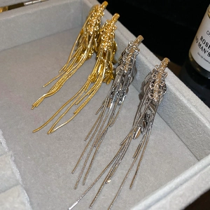 Detailed close-up of golden and silver wheat ear tassel earrings with long chain fringe
