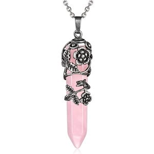 Pink crystal hexagonal pendant necklace with vintage silver floral wrap and O-chain
