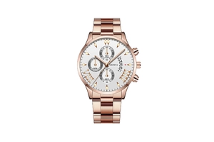 Detail view of the rose gold Geneva chronograph watch face with Roman numerals and date