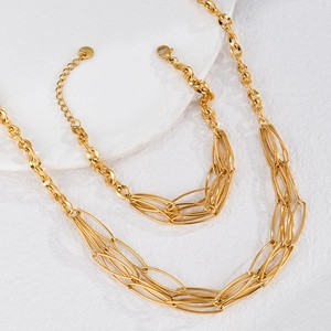Layered gold chain necklace and bracelet jewelry set with S925 tag on white background