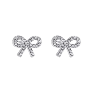 Detail view of silver bow-shaped stud earrings with sparkling clear cubic zirconia stones