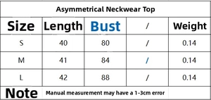 Guide des tailles pour haut dos nu asymétrique avec mesures de longueur et poitrine