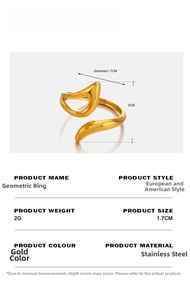 Macro view of gold stainless steel geometric ring with size and weight dimensions