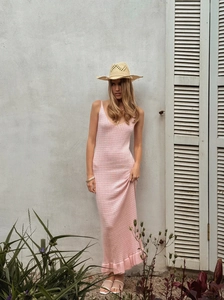 Women Sexy Spaghetti Strap Maxi Dress Knit Crochet Hollow Out V Neck Sleeveless Bodycon Ruffle Hem Summer Beach Vacation