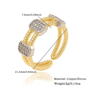 Detailed size chart for geometric copper and zircon ring with width and weight metrics