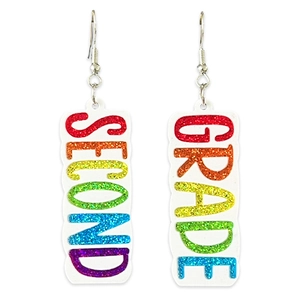 Detail of colorful glitter Second Grade alphabet earrings on white background