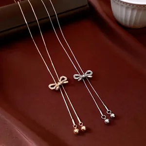 Bowknot Pendant Necklace Copper Zircon Inlaid Adjustable Y Shaped Long Sweater Chain Shiny Jewelry Gift For Women