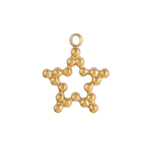 Vue détaillée d'un pendentif étoile en perles dorées avec bélière sur fond blanc