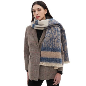 Knitted leopard print scarf with fringe edges in blue and beige for men and women