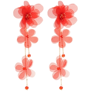 Elegant red fabric flower drop earrings with golden chain tassels and beaded details