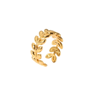 Bague réglable en acier inoxydable doré avec un motif de feuille de blé tressé détaillé