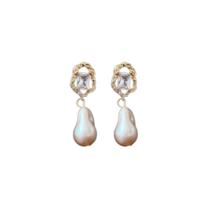 Vintage gold baroque pearl earrings with square zircon and twisted metal texture