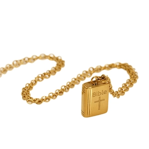 18K gold plated stainless steel book necklace featuring Bible pendant with cross