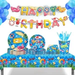 Detail of blue pool party supplies set with paper plates, napkins and birthday banner