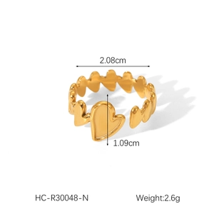 Detailed view of 18K gold plated heart ring with precise width and weight measurements