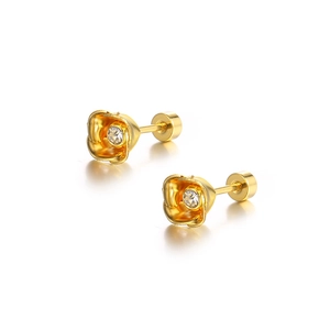 Exquisite gold-plated rose stud earrings with sparkling center crystal and screw back
