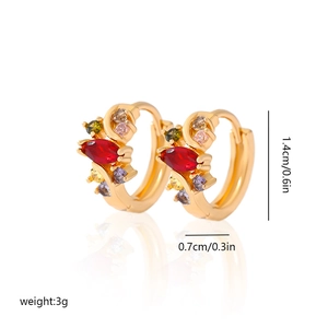 Detail of gold-plated hoop earrings with multi-colored zircons and dimension markers