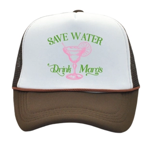 Brown and white trucker hat featuring Save Water Drink Margs cocktail print and mesh back