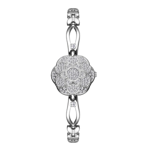 Silver camellia flower watch with crystal-encrusted dial and vintage metal hollow strap
