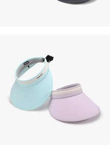 Detail of color-block ice silk sun hats with adjustable straps and sweatbands