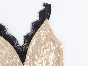 Detailed close-up of golden sequins and black eyelash lace trim on a V-neck dress