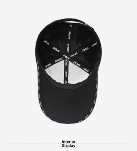 Close-up of the breathable mesh interior and SPORT reinforced seams of the black baseball cap