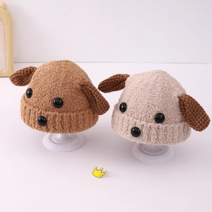 Détails de bonnets en tricot pour bébé avec oreilles de chiot en camel et beige