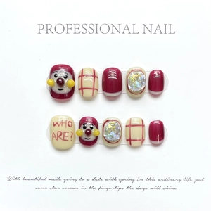Handmade Press On Nails 3D Cartoon Clown Red Plaid Rhinestone Glossy Burgundy False Nails For Women Student Cute Quirky Style