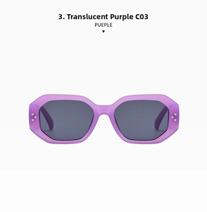 Detail of transparent purple octagonal sunglasses with silver rivets and grey lenses