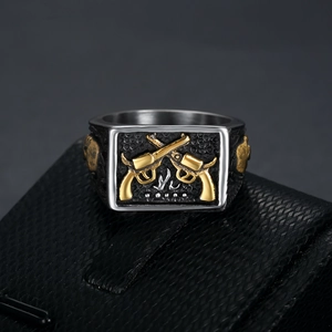 Vintage punk men's stainless steel ring with golden crossed guns and skull motifs