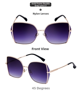 Front and 45-degree views of golden frame sunglasses with dual-gray nylon lenses