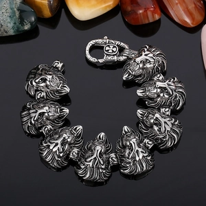 Rugged stainless steel lion head punk bracelet with antique silver finish for men