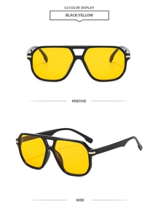 Front and side views of stylish aviator sunglasses with black frames and yellow lenses