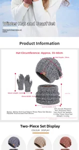 Detailed view of winter knit set including warm beanie, neck warmer, and touch-screen gloves