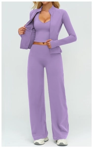Mauve three-piece yoga set detail featuring finger hole cuffs and high waist wide leg pants