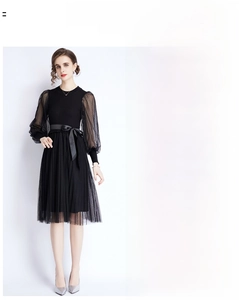 Detail view of knit dress showing mesh polka dot sleeves and pleated skirt details