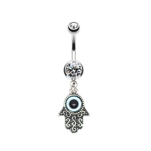Evil Eye Hamsa Hand belly button ring with heart zircon in polished silver finish