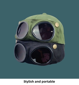 Close-up of military green and black goggle baseball caps with rear aviator lenses