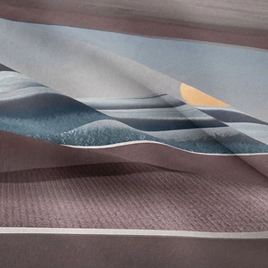 Macro detail of abstract mountain landscape print on silky bohemian wall tapestry